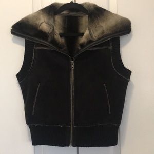 Faux Fur Leather Vegan Suede Warm Vest Black Grey Funnel Neck Pocket Vintage Y2K